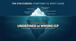 GTM iceberg framework showing symptoms vs root cause being an undefined ICP